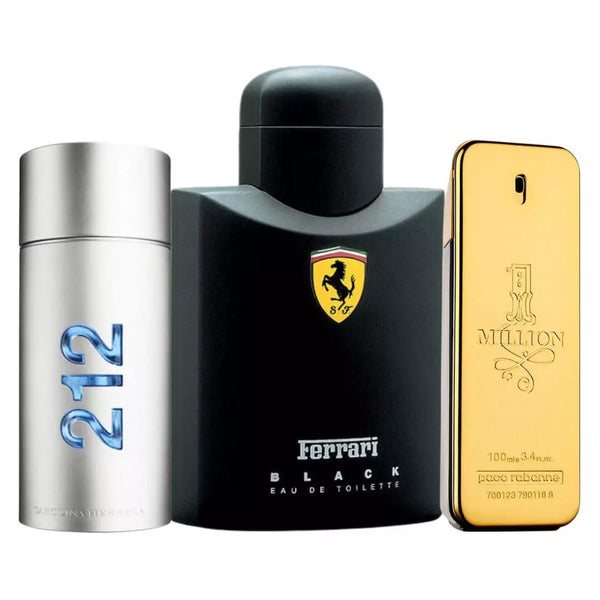Combo 3 Perfumes Masculinos - Ferrari Black, 1 Million e 212 Men Nyc - Eau de Toilette 100ml - Frete Grátis + Envio Imediato