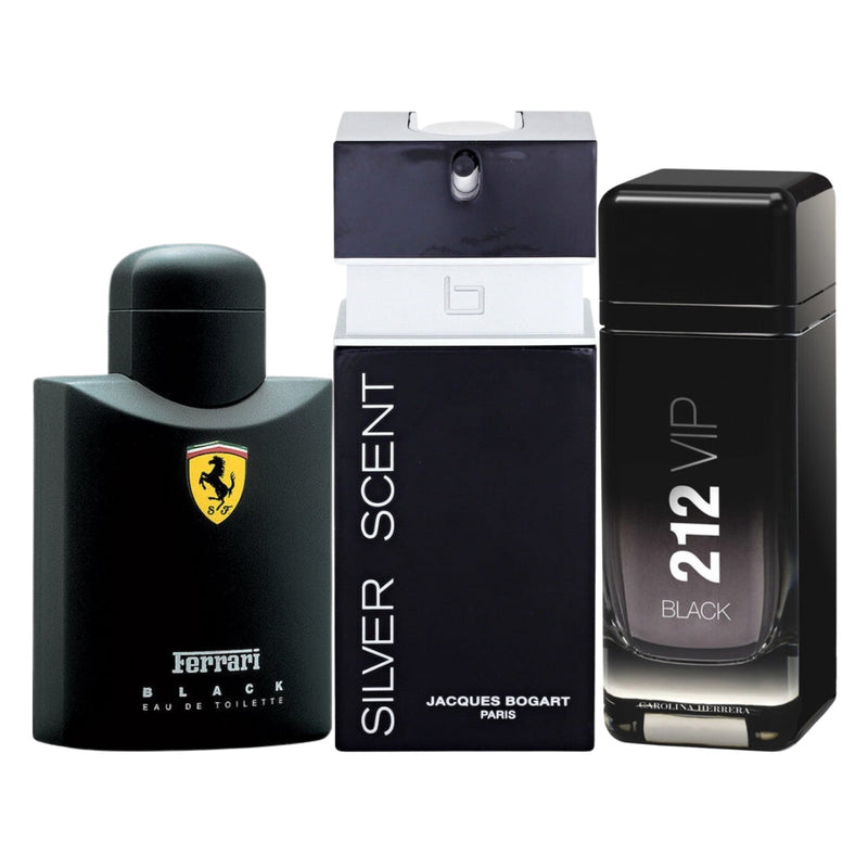 Combo 3 Perfumes Masculinos - Silver Scente, 212 Vip Black, Ferrari Black - Eau de Toilette 100ml - Frete Grátis + Envio Imediato
